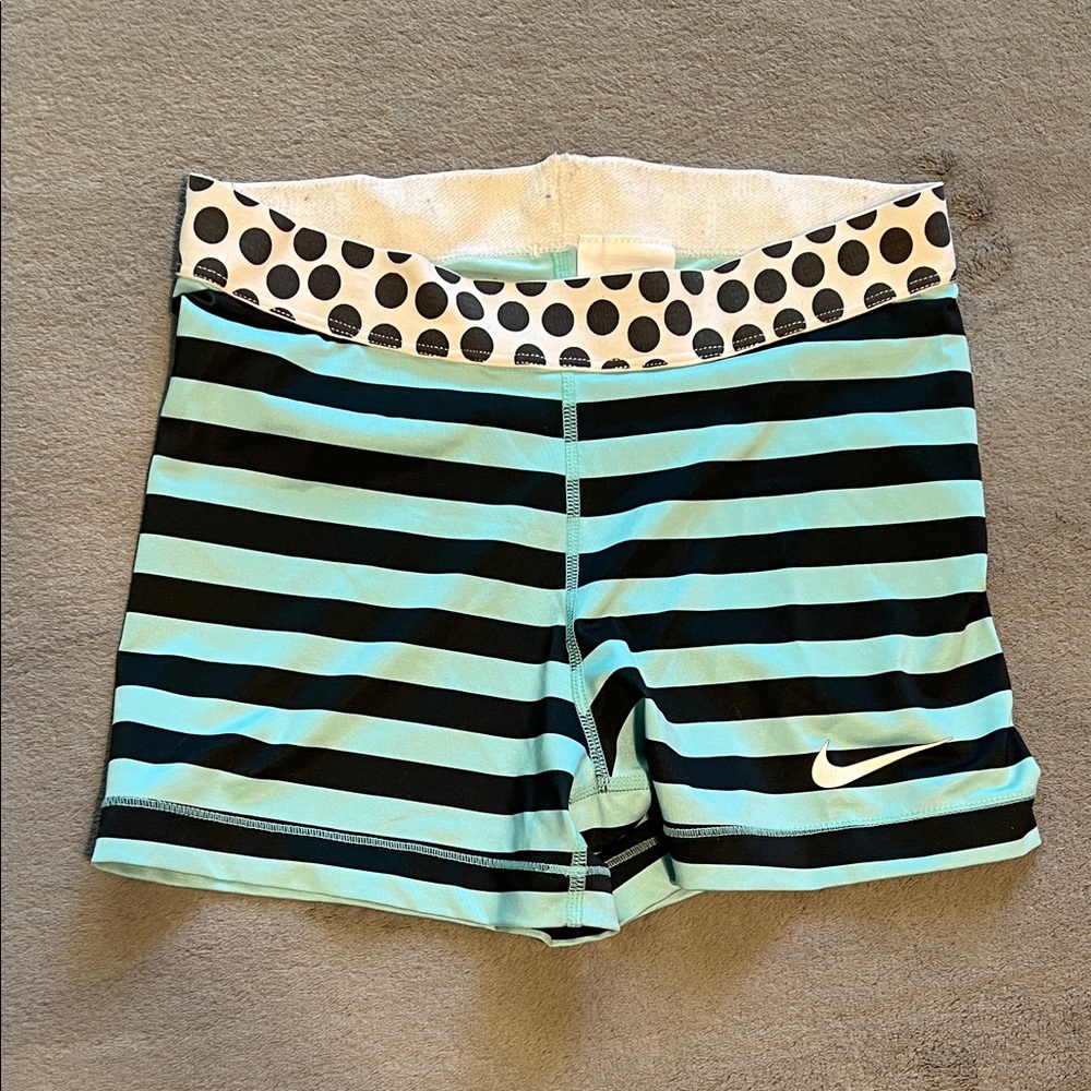 Nike Aqua and Black Striped Workout Shorts with Polka Dot Waistband